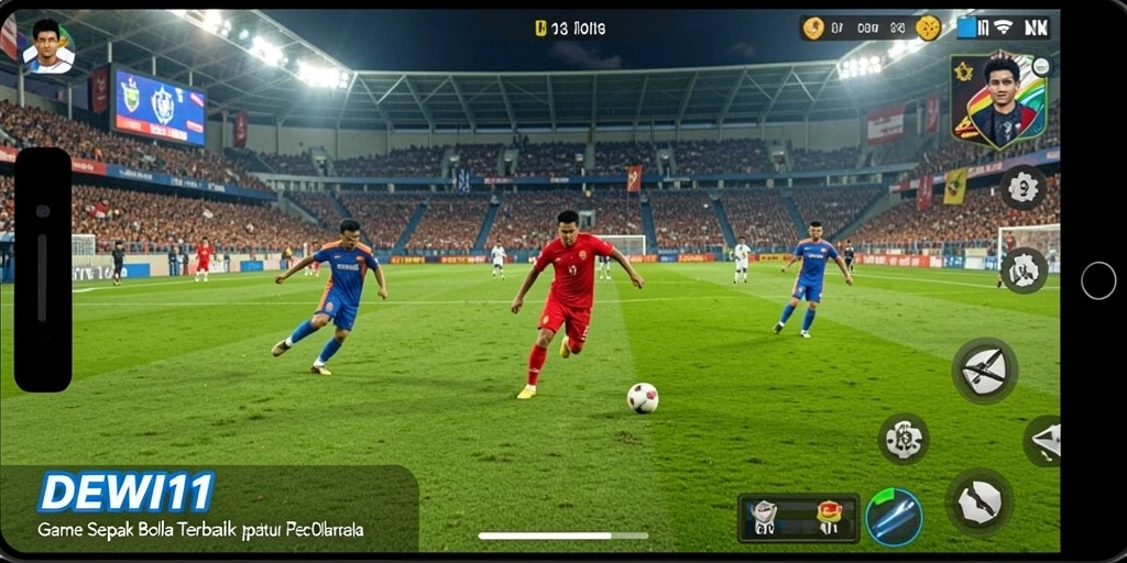 Screenshot gameplay DEWI11 dengan aksi seru di lapangan sepak bola.