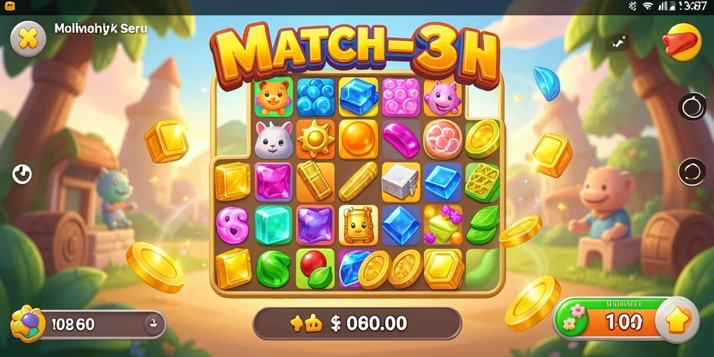 Screenshot V87 menampilkan gameplay Match-3 yang seru dengan kombinasi objek berwarna-warni.